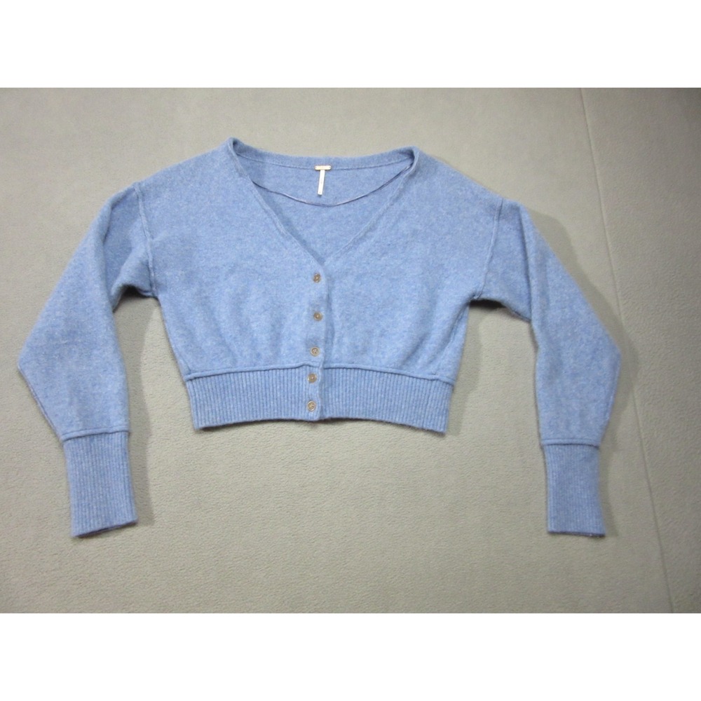 Free People Sweater Womens Small Blue Cashmere Cropped Cardigan Button Front